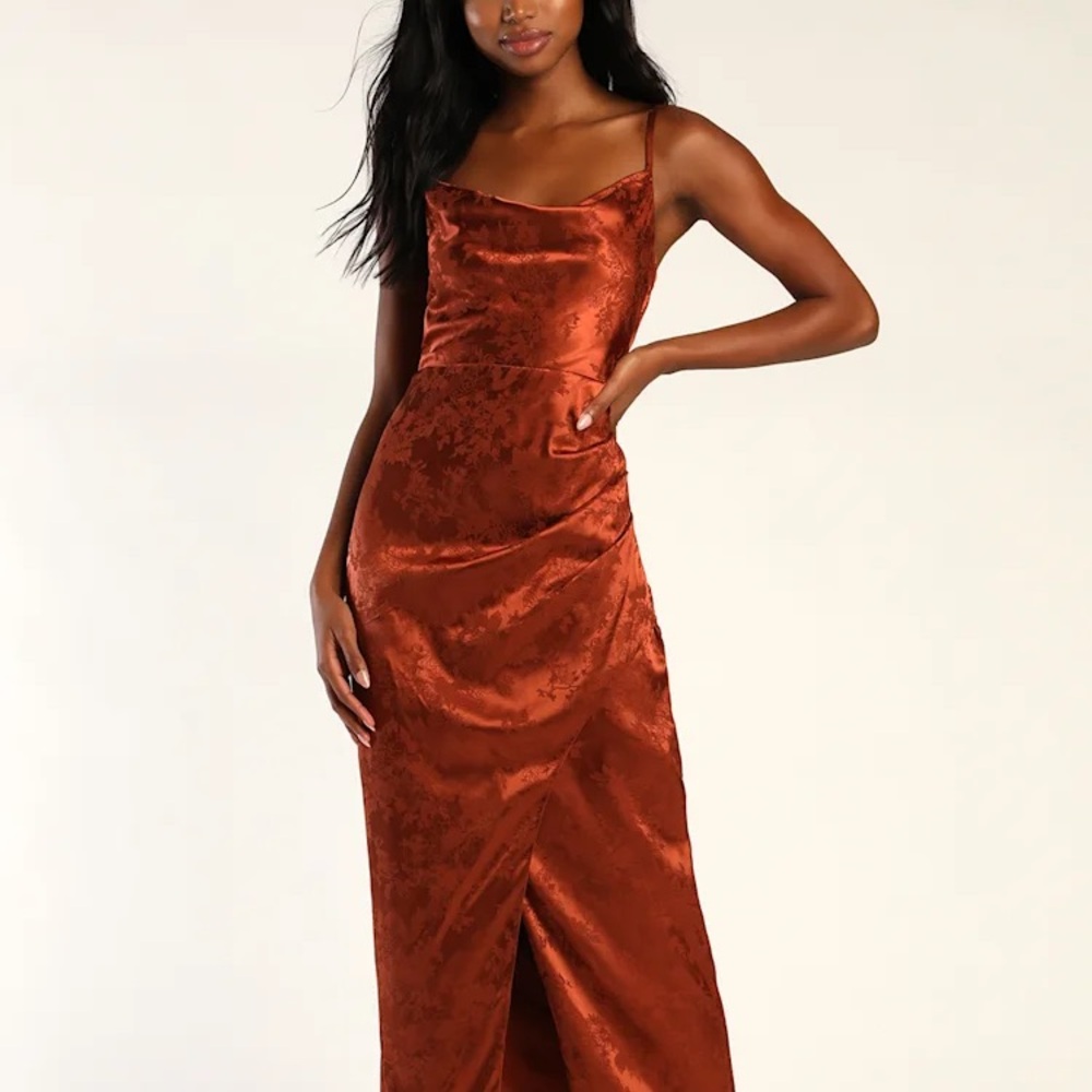 Satin Cowl Neck Slip Dress in Burnt Orange
